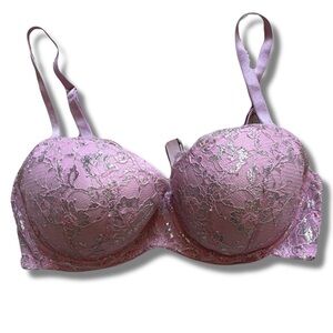 Victoria’s Secret Dream Angels Pink Lace Lined Demi Bra Silver Floral 34D